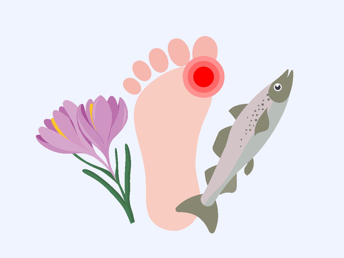 ilustracja z kwiatem, spuchniętą stopą i rybą